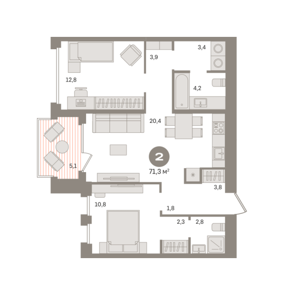 Новая 2-к квартира
 71.3 м² на 3/8 этаже в ЖК «Дом «А»» в городе Тюмень 