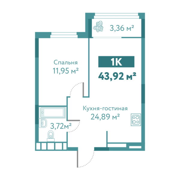 Новая 1-к квартира
 43.92 м² на 8/10 этаже в ЖК «Акватория» в городе Тюмень 