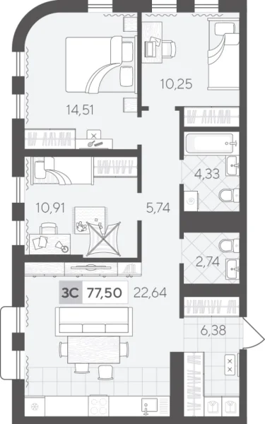 Новая 3-к квартира
 77.5 м² на 14/17 этаже в ЖК «Скандиа. Квартал в Комарово Парк» в городе Тюмень 