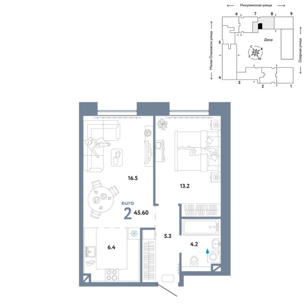 Новая 2-к квартира
 45.6 м² на 4/30 этаже в ЖК «Страна.Озёрная» в городе Тюмень 