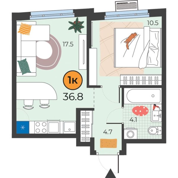 Новая 1-к квартира
 36.8 м² на 15/25 этаже в ЖК «Корней» в городе Тюмень 