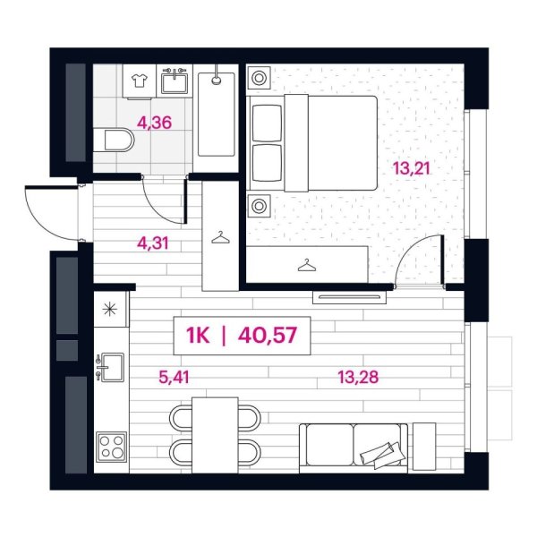 Новая 1-к квартира
 40.57 м² на 13/16 этаже в ЖК «Пушкина» в городе Тюмень 