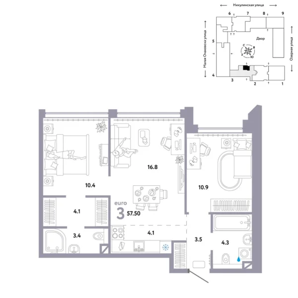 Новая 3-к квартира
 57.5 м² на 9/30 этаже в ЖК «Страна.Озёрная» в городе Тюмень 