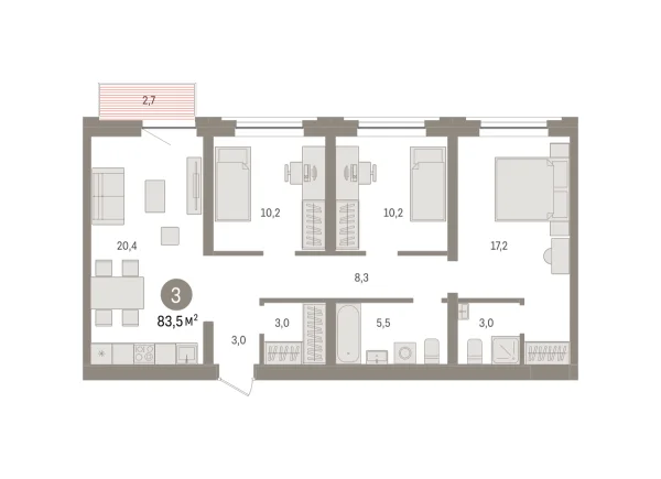 Новая 3-к квартира
 82.8 м² на 3/8 этаже в ЖК «Речной порт» в городе Тюмень 