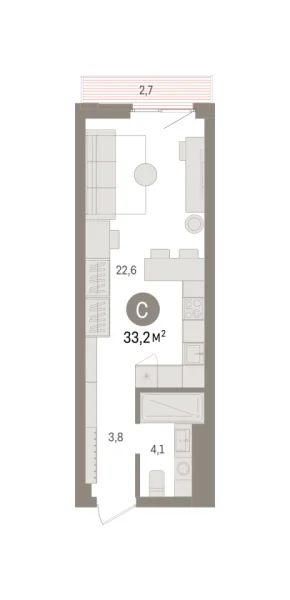 Новая квартира-студия
 33.2 м² на 12/25 этаже в ЖК «Квартал «Траектория»» в городе Тюмень 
