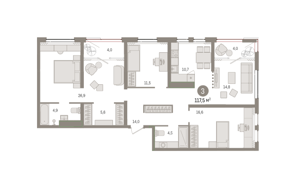 Новая 4-к квартира
 117.45 м² на 3/17 этаже в ЖК «Новин» в городе Тюмень 