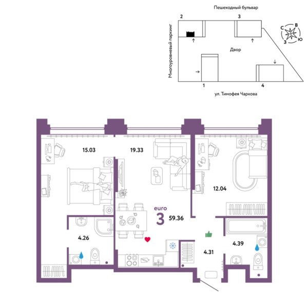Новая 3-к квартира
 59.36 м² на 31/31 этаже в ЖК «Звёздный» в городе Тюмень 