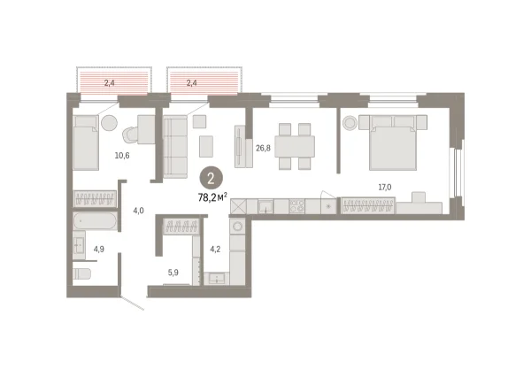 Новая 2-к квартира
 78.19 м² на 5/9 этаже в ЖК «Зарека» в городе Тюмень 