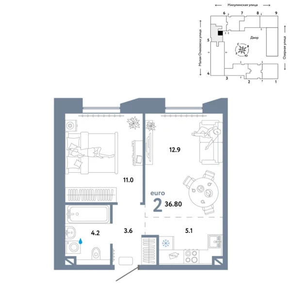 Новая 2-к квартира
 36.8 м² на 5/30 этаже в ЖК «Страна.Озёрная» в городе Тюмень 