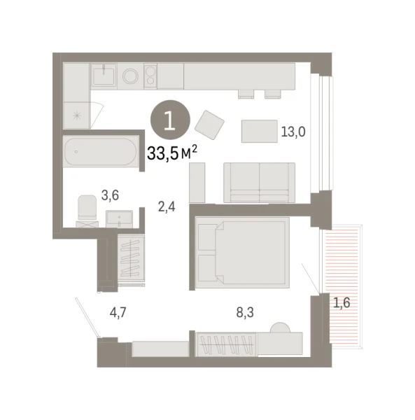Новая 1-к квартира
 33.53 м² на 19/25 этаже в ЖК «Зарека» в городе Тюмень 