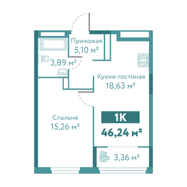 Новая 1-к квартира
 46.24 м² на 4/10 этаже в ЖК «Акватория» в городе Тюмень 