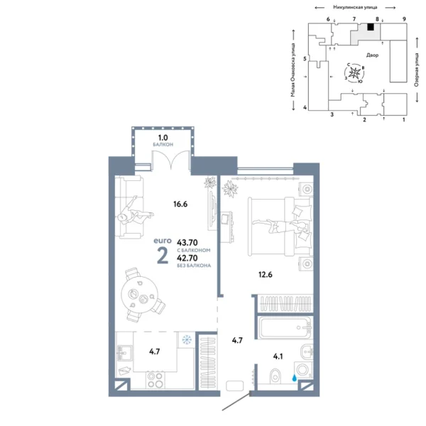 Новая 2-к квартира
 48.2 м² на 7/30 этаже в ЖК «Страна.Озёрная» в городе Тюмень 