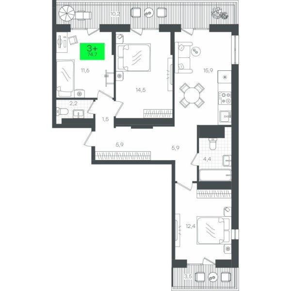 Новая 3-к квартира
 88.58 м² на 15/16 этаже в ЖК «Гранд Квартал» в городе Тюмень 