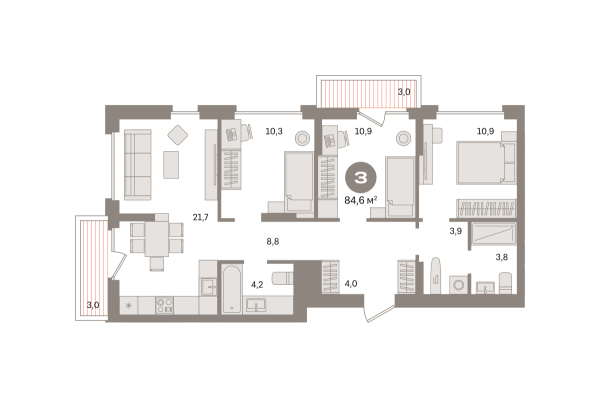 Новая 3-к квартира
 84.57 м² на 6/9 этаже в ЖК «Первый квартал» в городе Тюмень 