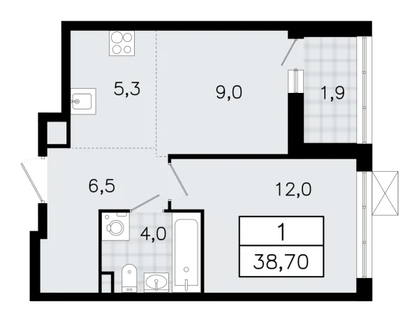 Новая 2-к квартира
 38.7 м² на 10/12 этаже в ЖК «А101 Всеволожск» в городе Тюмень 