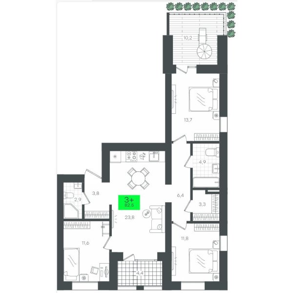 Новая 3-к квартира
 97.2 м² на 1/10 этаже в ЖК «Гранд Квартал» в городе Тюмень 