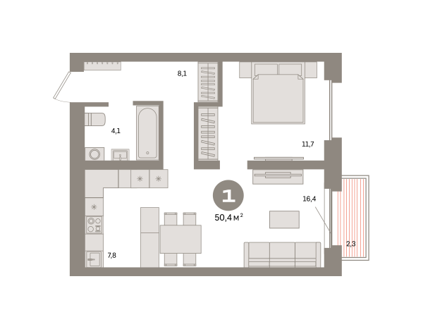 Новая 1-к квартира
 50.4 м² на 5/9 этаже в ЖК «Квартал «Метроном»» в городе Тюмень 