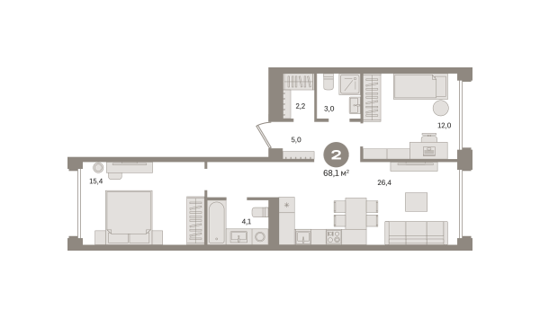 Новая 2-к квартира
 68.1 м² на 2/6 этаже в ЖК «Дом «А»» в городе Тюмень 