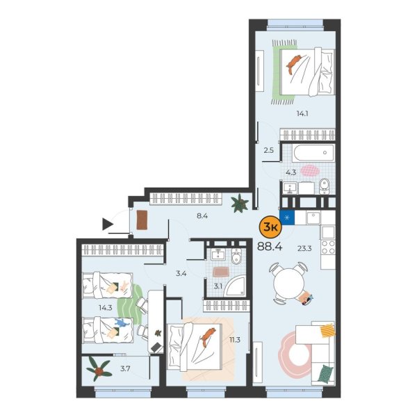 Новая 3-к квартира
 88.4 м² на 4/14 этаже в ЖК «Корней» в городе Тюмень 