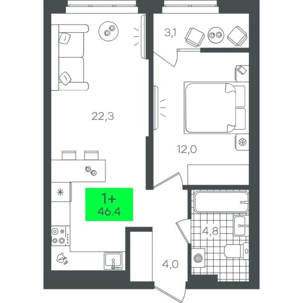 Новая 1-к квартира
 46.42 м² на 11/22 этаже в ЖК «Гранд Квартал» в городе Тюмень 
