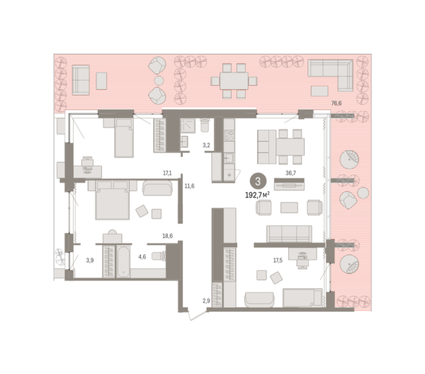 Новая 3-к квартира
 192.65 м² на 15/15 этаже в ЖК «Новин» в городе Тюмень 