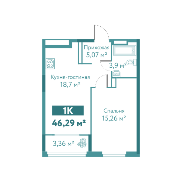 Новая 1-к квартира
 46.29 м² на 4/10 этаже в ЖК «Акватория» в городе Тюмень 