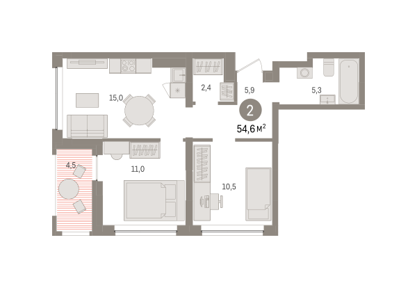 Новая 2-к квартира
 54.64 м² на 7/8 этаже в ЖК «Европейский квартал» в городе Тюмень 