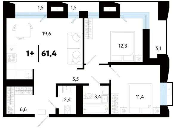 Новая 2-к квартира
 61.43 м² на 4/25 этаже в ЖК «Кедровый берег» в городе Тюмень 
