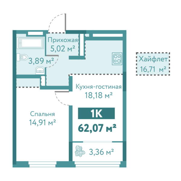 Новая 1-к квартира
 62.07 м² на 10/10 этаже в ЖК «Акватория» в городе Тюмень 