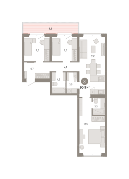 Новая 3-к квартира
 90.87 м² на 5/7 этаже в ЖК «Кварталы «На Минской»» в городе Тюмень 