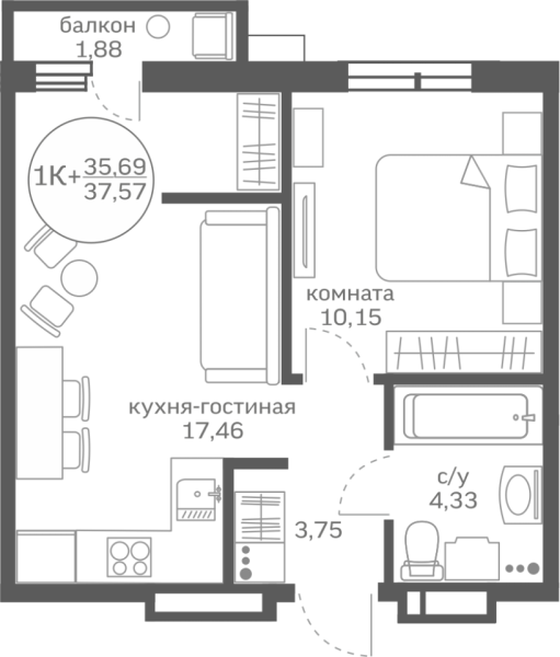 Новая 1-к квартира
 35.69 м² на 5/20 этаже в ЖК «Меридиан ЮГ» в городе Тюмень 