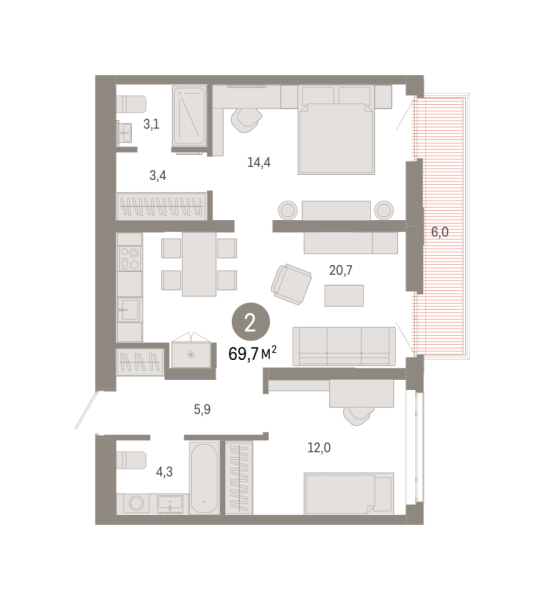 Новая 2-к квартира
 69.68 м² на 4/8 этаже в ЖК «Республики 205» в городе Тюмень 