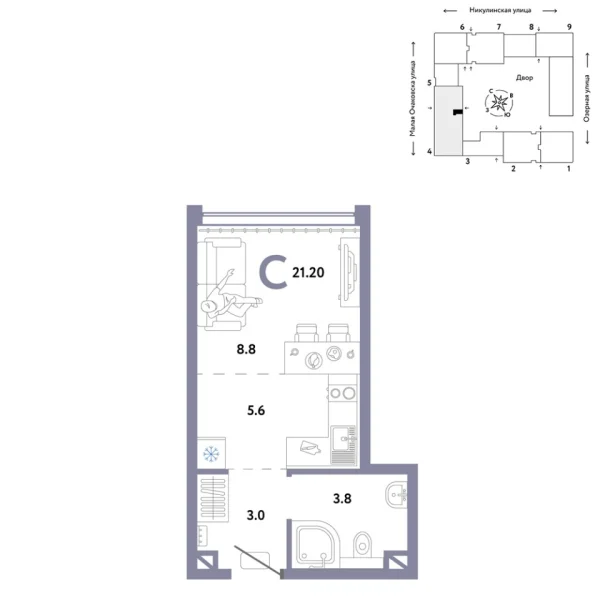Новая квартира-студия
 21.2 м² на 12/30 этаже в ЖК «Страна.Озёрная» в городе Тюмень 