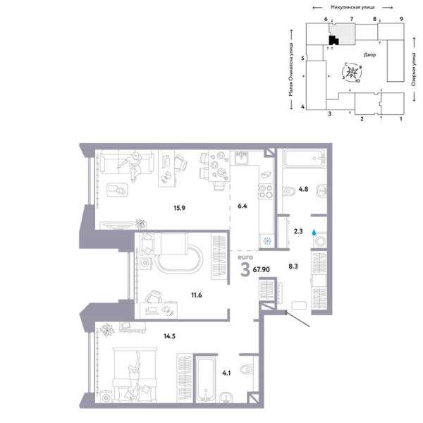 Новая 3-к квартира
 67.9 м² на 27/30 этаже в ЖК «Страна.Озёрная» в городе Тюмень 