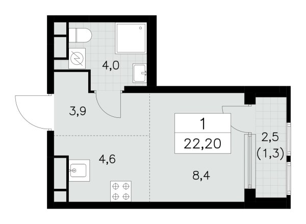 Новая 1-к квартира
 22.2 м² на 12/30 этаже в ЖК «Южные сады» в городе Тюмень 