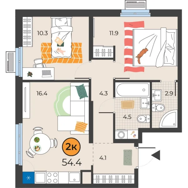 Новая 2-к квартира
 54.4 м² на 10/25 этаже в ЖК «Корней» в городе Тюмень 