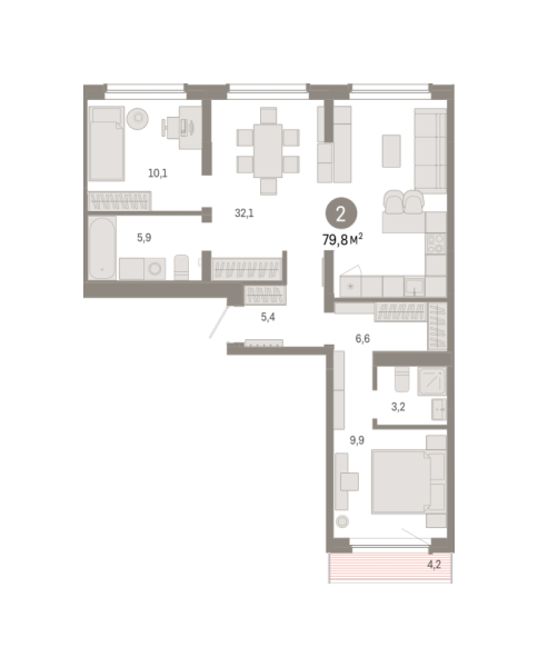 Новая 2-к квартира
 79.77 м² на 8/9 этаже в ЖК «Брусника в Академическом» в городе Тюмень 