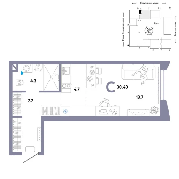 Новая квартира-студия
 30.4 м² на 14/30 этаже в ЖК «Страна.Озёрная» в городе Тюмень 
