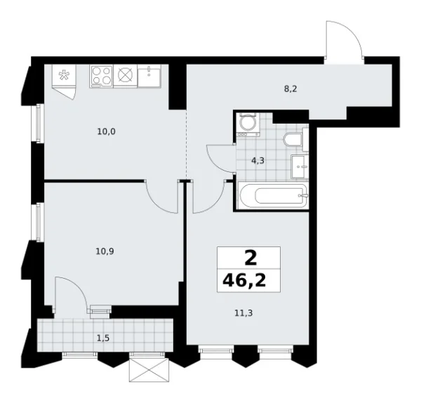 Новая 2-к квартира
 46.2 м² на 15/17 этаже в ЖК «Деснаречье» в городе Тюмень 