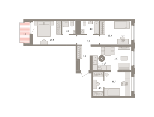 Новая 3-к квартира
 81.5 м² на 5/9 этаже в ЖК «Речной порт» в городе Тюмень 