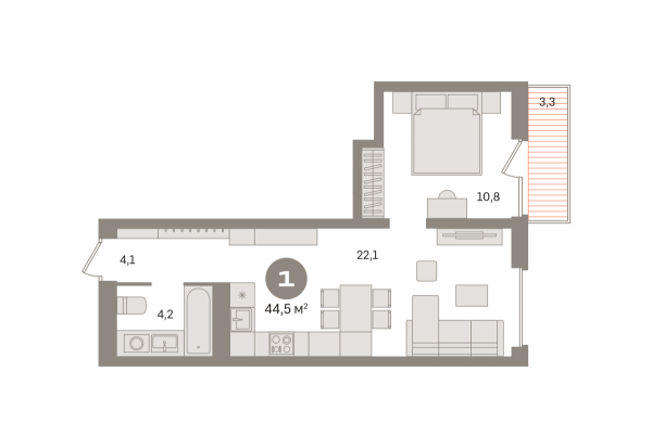 Новая 1-к квартира
 44.47 м² на 3/8 этаже в ЖК «Северный квартал» в городе Тюмень 