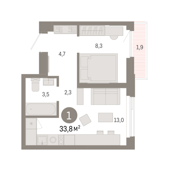 Новая 1-к квартира
 33.81 м² на 11/25 этаже в ЖК «Зарека» в городе Тюмень 