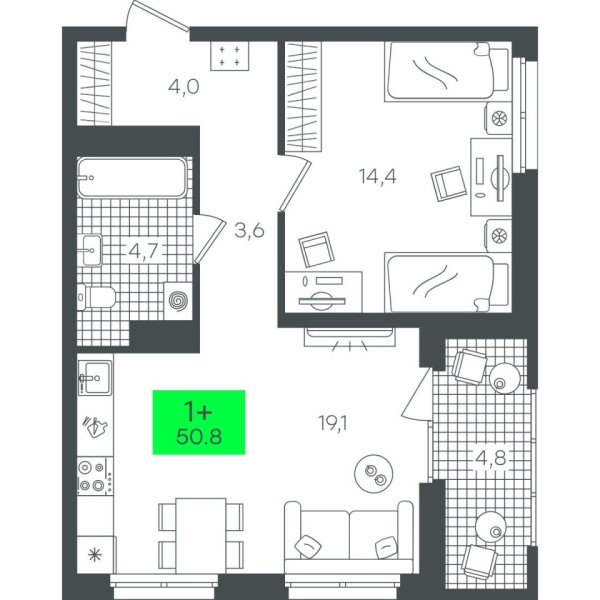 Новая 1-к квартира
 50.85 м² на 13/22 этаже в ЖК «Гранд Квартал» в городе Тюмень 
