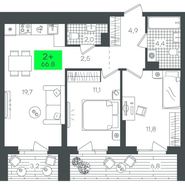 Новая 2-к квартира
 66.82 м² на 7/22 этаже в ЖК «Гранд Квартал» в городе Тюмень 