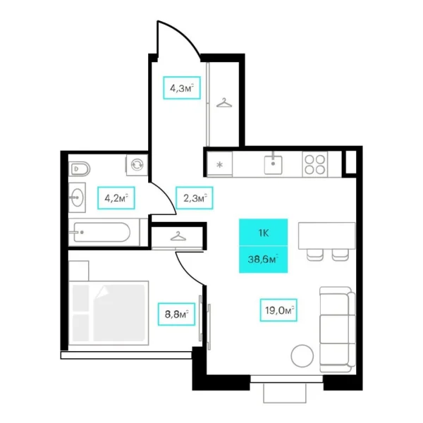 Новая 1-к квартира
 38.6 м² на 12/23 этаже в ЖК «Futuro» в городе Тюмень 