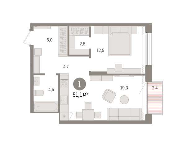 Новая 1-к квартира
 51.05 м² на 14/17 этаже в ЖК «Октябрьский на Туре» в городе Тюмень 