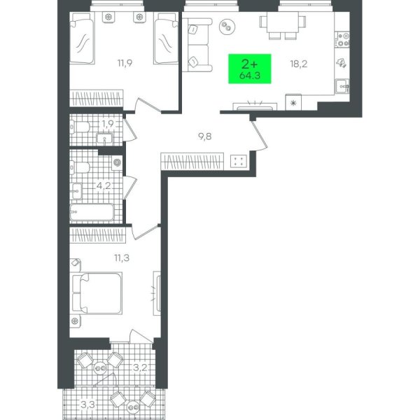 Новая 2-к квартира
 64.3 м² на 5/22 этаже в ЖК «Гранд Квартал» в городе Тюмень 