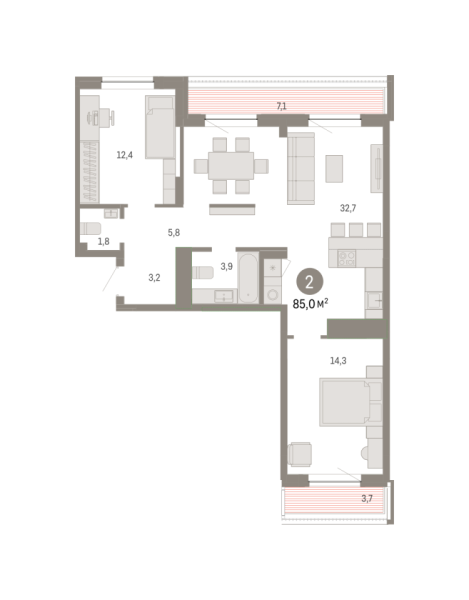Новая 2-к квартира
 84.98 м² на 8/9 этаже в ЖК «На Гастелло» в городе Тюмень 