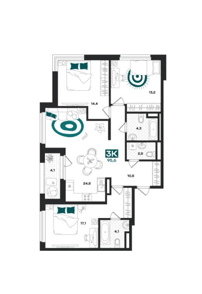 Новая 3-к квартира
 95.6 м² на 2/23 этаже в ЖК «Добро» в городе Тюмень 