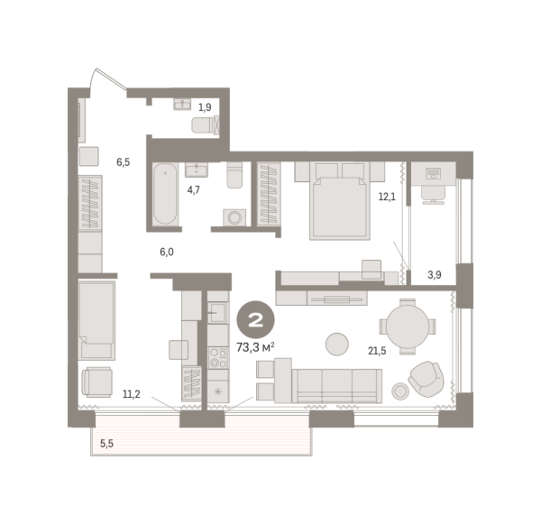 Новая 2-к квартира
 73.27 м² на 16/17 этаже в ЖК «Октябрьский на Туре» в городе Тюмень 